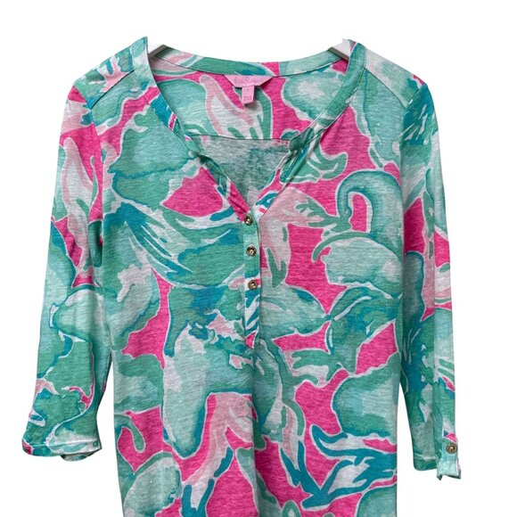 Lilly Pulitzer Linen Henley Tee Size Small Preppy Floral 3/4 Sleeve Womens Top - Picture 4 of 10